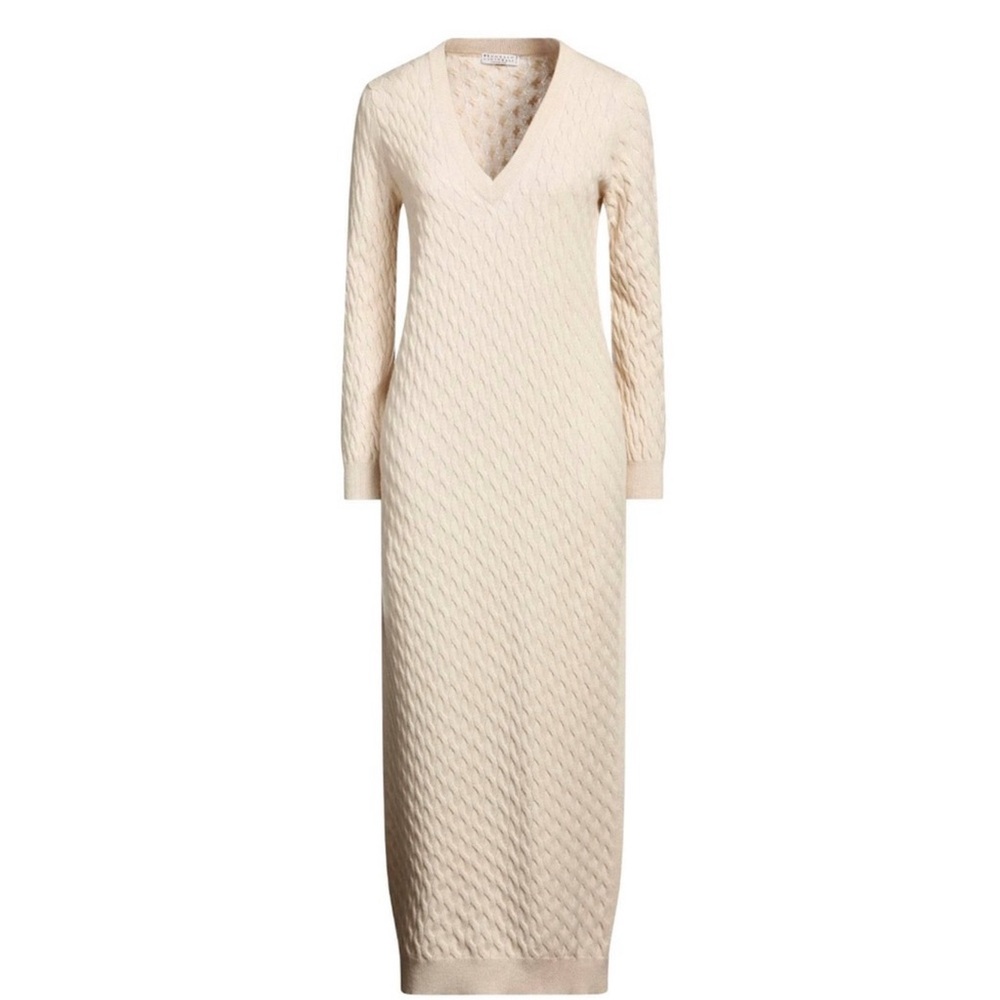 Brunello Cucinelli Cream Long Sleeve Wool Dress XS